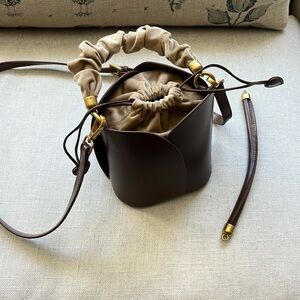 Brown leather and velvet tulip-style bucket bag. Never worn and brand new!